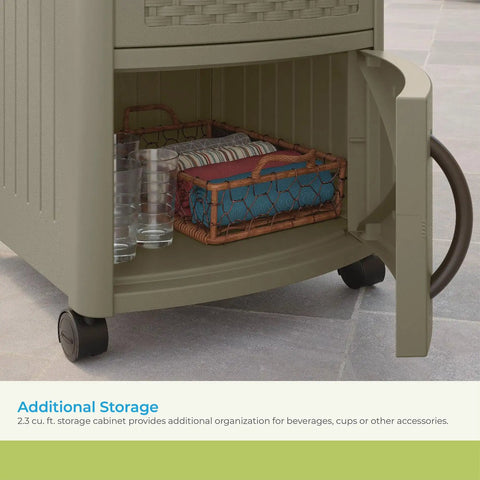 Open cabinet of 77 Quart Outdoor Patio Cooler With Wheels And Hinged Lid Wicker Look Resin With Built In Storage Basket