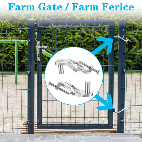 Built Tough T-Post Gate Hinge Kit 1-3/8 In, 2 Pack, showcased on a chain link farm gate with installation arrows