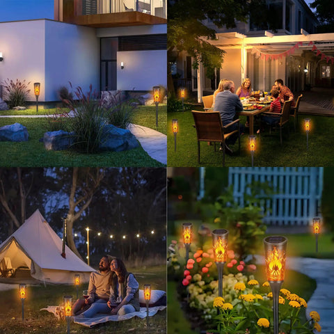 Super Cool Solar Torch Lights Outdoor Six Pack With Realistic Dancing Flickering Flames installed in garden and patio settings