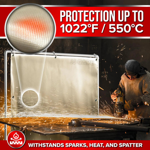 Heat Shield Welding Blanket 8x8 Ft 850GSM Fiberglass Fireproof Mat With Brass Grommets in industrial use protecting from sparks.