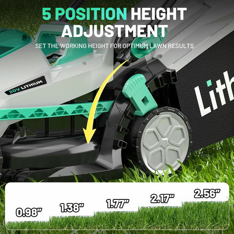 13 Inch Cordless Lawn Mower With 5 Height Settings 20V Brushless Motor Ideal for Garden Yard and Small Farm Lightweight No Fuss Walk Behind Includes 4Ah Battery And Charger For Quick Clean Cuts height adjustment wheel and 5 cutting levels