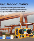12V Wireless Crane Remote With Dual Joystick, 5 Speed Rockers, 6 Buttons, shown in front of gantry cranes in industrial yard