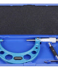 Top Notch Precision Outside Micrometer Three To Four Inch With 0.0001 Inch Resolution in blue case, carbide tipped tool for machining