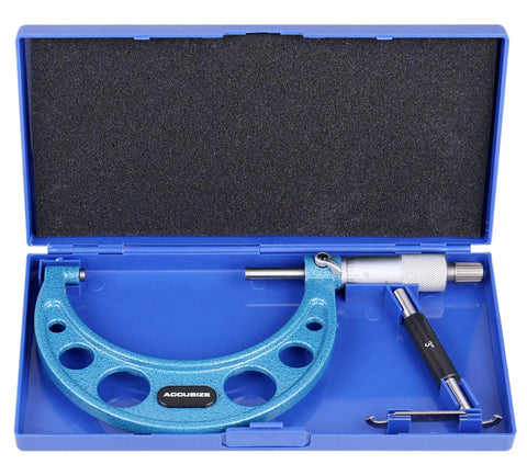 Top Notch Precision Outside Micrometer Three To Four Inch With 0.0001 Inch Resolution in blue case, carbide tipped tool for machining