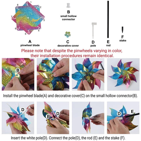 Installation steps for Ten Pack Reflective Pinwheels Patriotic Garden Decor With American Flag On Stick Wind Spinners And Stakes