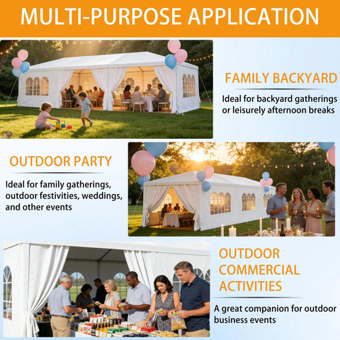 10x30 Ft Party Tent Heavy Duty Outdoor Canopy With 8 Removable Sidewalls For Backyard Patio Events Weddings Barbecue White 300 Sq Ft Of Shade Fits 30 Plus Guests For Any Weather, set up outdoors with people gathered inside and around.