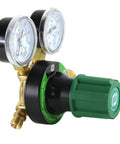 SÜA oxygen and propane/propylene regulator combo, V350, dual gauges, brass body, green adjustment knob.