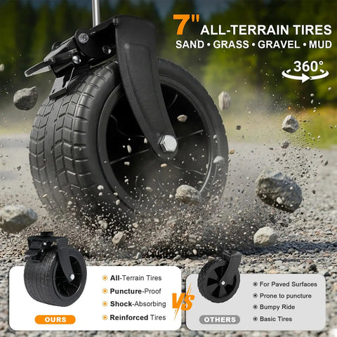 Close-up of 7-inch all-terrain tire of Heavy Duty Double Decker Wagon Collapsible Cart With 600 Lbs Load And 400 L Capacity Foldable Utility Cart With 7 Inch All Terrain Wheels And Steel Frame For Beach Outdoor Camping And Gardening, featuring shock-absorbing and reinforced capabilities.