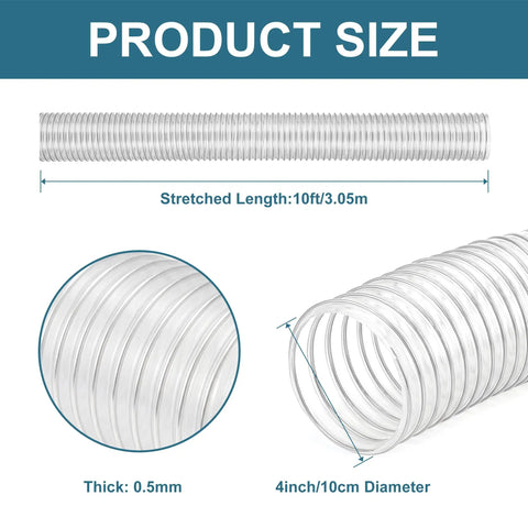 Clear PVC Dust Collection Hose 4 Inch By 10 Foot with carbon steel wire, showing 10ft length and 4inch diameter, puncture-resistant.