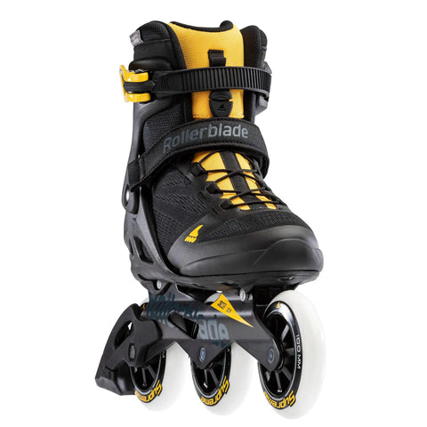 Macroblade 100 3WD Men's Fitness Inline Skates in black and saffron yellow, front view, showing high-cuff support and 100mm wheels.