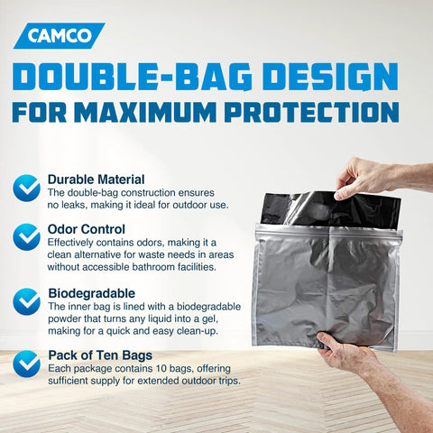 Biodegradable Powder Toilet Waste Bags With Leak Proof Double Bag Design For No Mess Camping RVing Hiking And Boating Ten Pack