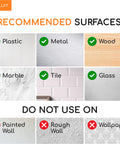 Recommended surfaces for Clear Adhesive Wall Hooks Set Heavy Duty No Drill 22 Lb Capacity; avoid painted and rough walls.