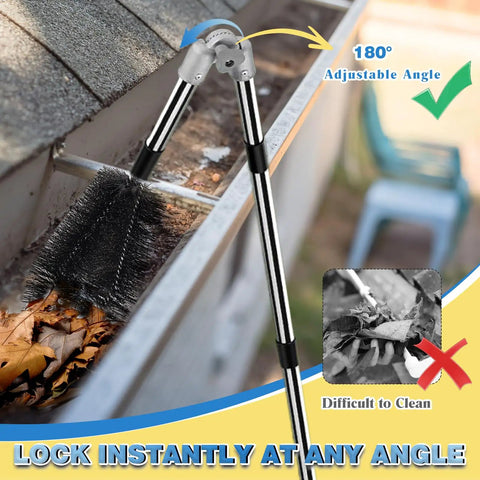 13 Foot Reach Gutter Cleaning Tool With No Ladder Needed Adjustable Pole 180 Degree Pivot Head Replaceable Brush And Shovel For Leaves Debris Removal Effortless Cleanup in use