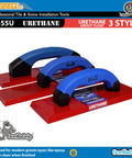 Three styles of 4 By 9 Inch Urethane Grout Float With SoftGrip Handle for smooth pro grade grout work