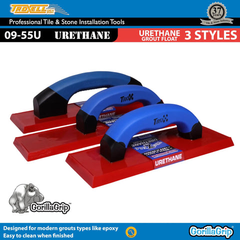 Three styles of 4 By 9 Inch Urethane Grout Float With SoftGrip Handle for smooth pro grade grout work