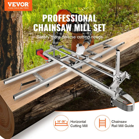 Portable Chainsaw Mill And Rail Guide System For Lumber Milling 14 To 36 Inch Bar With Nine Foot Aluminum Rail in use outdoors
