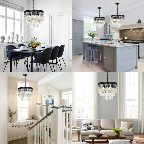 Black Finish 3-Tier Crystal Chandelier Showstopper Lighting Fixture With Real K9 Crystals in dining, kitchen, stairway, living areas