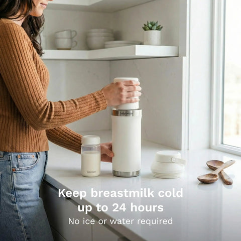 Portable Breast Milk Cooler With Double Insulated Stainless Steel Thermos Keeps Newborn Feeds Straight Up Icy For Twenty Four Hours on a kitchen counter.