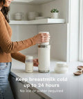 Portable Insulated Breastmilk Cooler Keeps Milk Chill For Up To 24 Hours With Double Wall Stainless Steel Build And Freeze Ready Packs Fits Two 10 Oz Bottles Keep It Fresh On The Road Mama in kitchen setting with bottles.