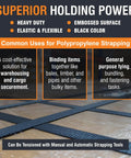 Industrial Strength Polypropylene Pallet Strapping Roll Half Inch Thick With 7200 Feet Of Embossed Banding visible on wooden surface