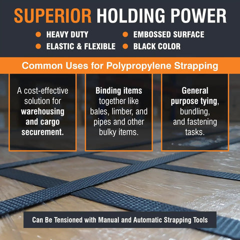 Industrial Strength Polypropylene Pallet Strapping Roll Half Inch Thick With 7200 Feet Of Embossed Banding visible on wooden surface