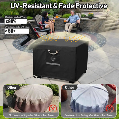 UV-resistant cover on a square fire pit on a patio showing 32 Inch Square Fire Pit Cover Heavy Duty Fabric Waterproof All Weather Outdoor Shield For Square Fire Pits And Tables Fits 28 To 32 Inch Pits Gas Pit Cover 24 Inch High