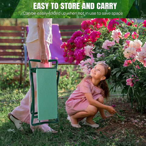 Person carrying Foldable Garden Kneeler Seat With Handles And Tool Bags, 2 In 1 Grab-And-Go Lightweight Stool near blooming flowers