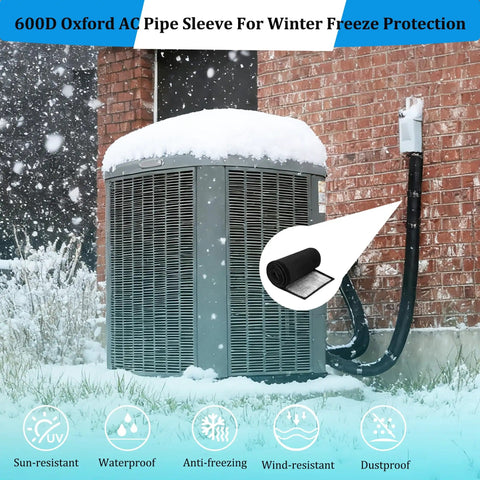 4 Layer HVAC Copper Pipe Insulation Cover For Outdoor Use on snow-covered AC unit, 78x10.2 inch, 600D Oxford, waterproof.
