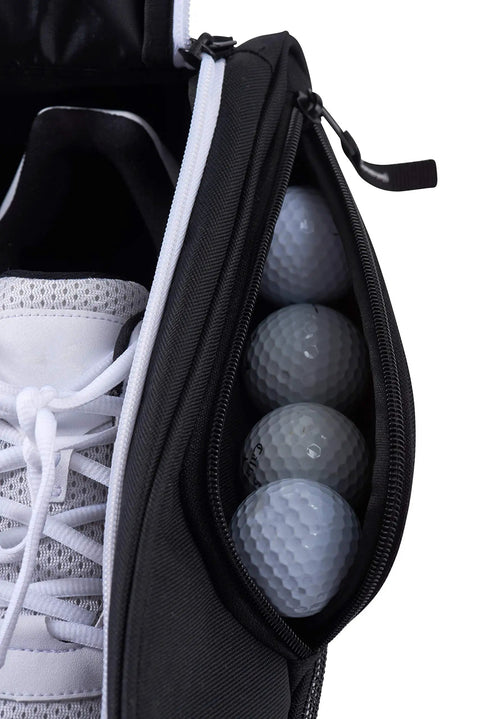 Golf Shoe Bag With Zippered Carrier And Ventilation External Pocket For Socks Tees And Accessories Easy Trunk Storage Durable Lightweight Golf Gear Organizer displaying golf balls inside the pocket.