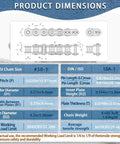 Product dimensions for Taper Lock Sprocket Set; ANSI #50-1 chain size with pitch, roller diameter, weight, load limit details.