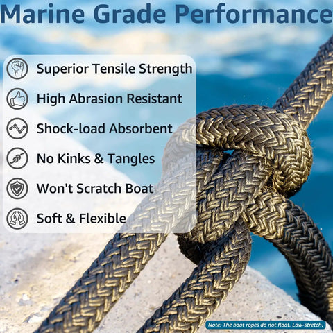 Half Inch Boat Dock Lines Fifteen Foot Nylon Rope With Twelve Inch Loop Double Braided Marine Grade Mooring Lines tied to dock
