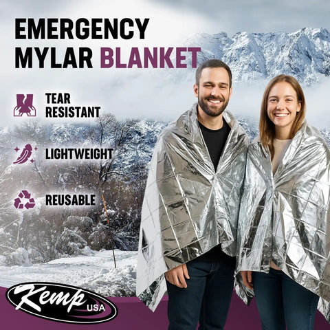 Smiling couple wrapped in Emergency Mylar Blanket Set, 25 Lightweight Thermal Reflective Survival Blankets for Camping.