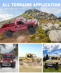 Collage of Toyota 1/12 Scale RC Rock Crawler Pickup Truck with 2.4GHz 4WD in red, yellow, and beige on rocky and outdoor terrains.
