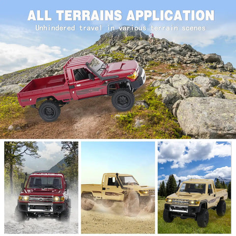 Collage of Toyota 1/12 Scale RC Rock Crawler Pickup Truck with 2.4GHz 4WD in red, yellow, and beige on rocky and outdoor terrains.