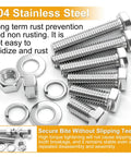 Close-up of hex bolts, nuts, and washers from Hex Bolts And Nuts Kit 760-Piece Stainless Steel SAE Set for DIY projects.