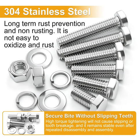 Close-up of hex bolts, nuts, and washers from Hex Bolts And Nuts Kit 760-Piece Stainless Steel SAE Set for DIY projects.