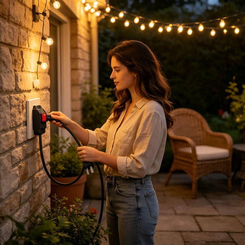 Woman plugging Hella Durable 3 Ft Outdoor Extension Cord With Snappy Inline Switch And Bright Led Indicator into wall outdoors.