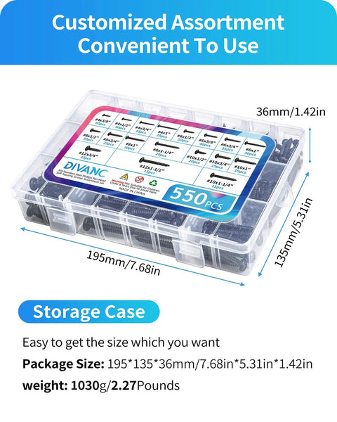 Top Tier 550 Piece Tough As Nails Black 304 Stainless Steel Wood Screw Assortment Kit in clear storage case with dimensions.