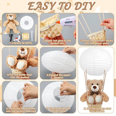 Step-by-step guide for assembling the Six Set Large Hot Air Balloon Centerpiece Kit With 13.7 Inch Plush Bears White Paper Lantern Baskets.