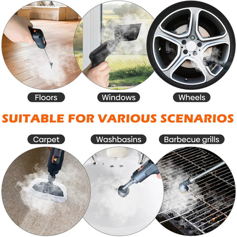 Heavy Duty Portable Handheld Steam Cleaner For Home And Auto Fast Fifteen Second Heat Up With Massive Water Tank And Sixteen Versatile Tips in action on floors, windows, wheels, carpets, washbasins, and barbecue grills.