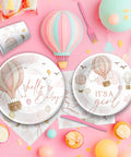 Pink Hot Air Balloon Baby Shower Tableware Set Disposable For Girly Baby Shower Decor Includes Plates Cups Napkins And Cutlery