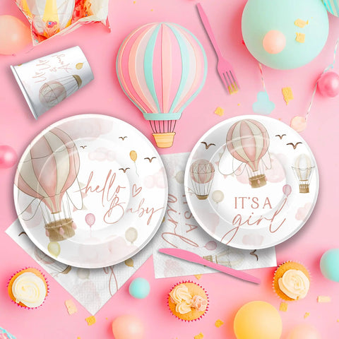 Pink Hot Air Balloon Baby Shower Tableware Set Disposable For Girly Baby Shower Decor Includes Plates Cups Napkins And Cutlery