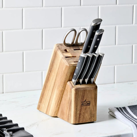 Heavy Duty Kitchen Shears 8 Inch German Stainless Steel Poultry Scissors in a wooden knife block