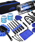 17 Piece All In One Car Interior Detailing Kit With Portable Handheld Vacuum Interior Cleaning Brushes Windshield Cleaner Dust Gel Towel Dash Duster And More open set with black carrying case