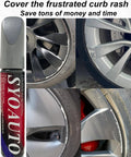 Premium Matte Black Rim Touch Up Paint Pen For Wheel Scratch Repair And Curb Rash Fix Quick Dry Formula with wheels showing curb damage.