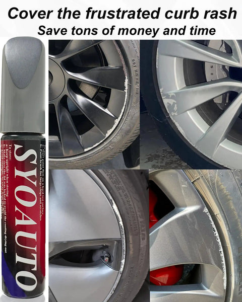 Gunpowder Gray Wheel Touch Up Paint Pen For Tesla Model Y And 3 S X Alloy Rims shown repairing curb rash on wheels.