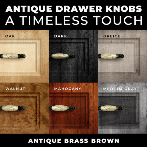 Set Of 10 Straight Up Killer Brown Marble Ceramic Drawer Pulls With Durable Antique Brass End Caps Premium Cabinet Handles For Kitchen Cupboards And Home Dressers Exact 3 3/4 Inch Hole Centers showcased on various cabinet colors.