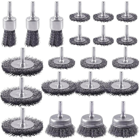 21 Piece Carbon Steel Wire Brush Set With Cup Wheel And Pen Brushes For Rust Removal And Surface Scrubbing One Quarter Inch Shank Works With Most Drills And Grinders Heavy Duty Long Lasting Cleaning Power