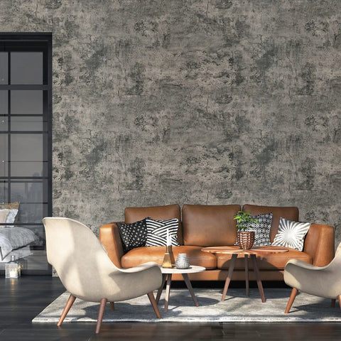 Room with taupe faux concrete peel and stick contact paper for countertops and cabinets, realistic cement look textured wallpaper