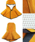 Front and detail views of Leather Welding Hood Caps With Neck Drapes And Fireproof Shoe Covers For Welding Safety Boots Head And Foot Protection Gear